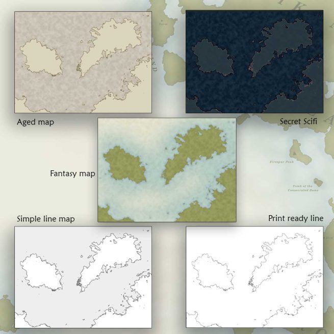 5 map styles available for Vancano's Map Generator